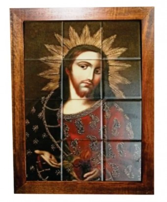 3093AG-109 QUADRO AZULEJO SAGRADO CORAÇÃO DE JESUS 48X38CM