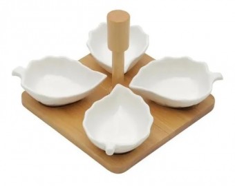 35502 CJ 5 PCS 4 PETISQUEIRAS DE PORCELANA LEAVES E 1 SUPORTE DE BAMBOO 15X15X11,6cm