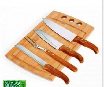Mb-21663 conj. para churrasco/cozinha em bambu/inox california - 5 pcs