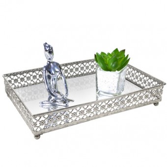 CG-009-001 BANDEJA METAL PRATA FLOWER ESPELHADA 27X19X5 CM