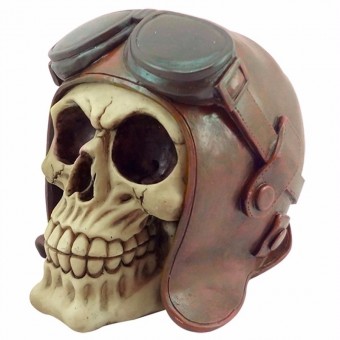 91027403 ESCULTURA RESINA CAVEIRA AVIADOR MARROM 12 X 12,8 X 15,5 CM