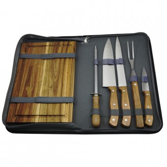 21480 Jogo de 4 peçass para churrasco em inox com cabo de madeira