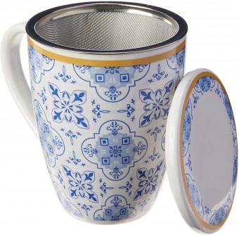 2278 CANECA DE PORCELANA SUPER WHITE C/TAMPA E FILTRO LISBOA AZUL/BRANCA 310ml