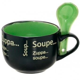 52-020 CANECA CERAMICA SOPA PT/VERDE C/ COLHER 470 ML