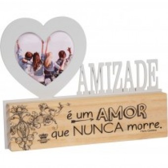 P18792 MADEIRINHA CRU COM PORTA RETRATO CORAÇÃO E PALAVRA AMIZADE Ã UM AMOR 17X22