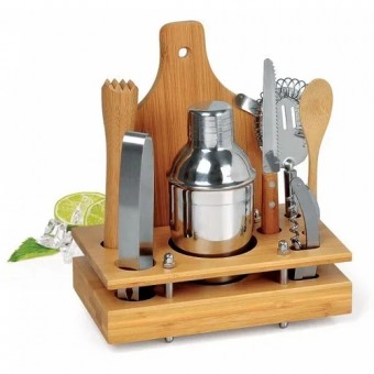 Kb-00473 conjunto para bar em inox / bambu - 8 pcs