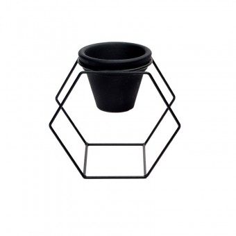 18550 vaso de barro peq com suporte ferro hexagono preto