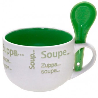 52-025 CANECA CERAMICA SOPA BR/VERDE C/ COLHER 470 ML