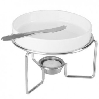 26373 CJ 3PC RECHAUD P/QUEIJO BRIE DE CERAMICA C/FACA DE ACO INOX E SUPORTE NIQUELADO