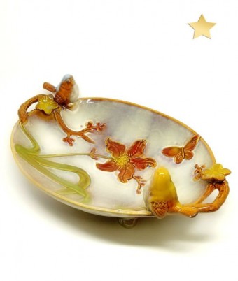 741955 FRUTEIRA OVAL GDE. C/ 2 PASSARINHOS PORCELANA JY0224 (10)