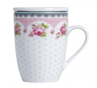 2178  CANECA DE PORCELANA SUPER WHITE C/TAMPA E FILTRO ROSE ROSA/BRANCA 310ml