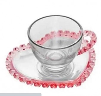 1682 xicara p/cafe c/pires de cristal de chumbo coracao borda rosa 80ml