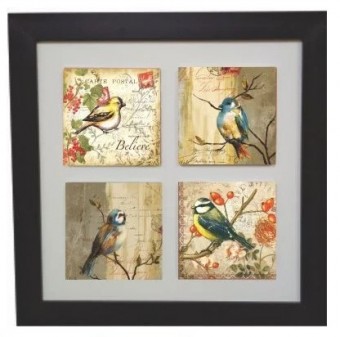 3004-020 quadro dec 4 azulejos pássaros 31,5x31,5cm