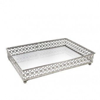 CG-009-001 BANDEJA METAL PRATA FLOWER ESPELHADA 27X19X5 CM