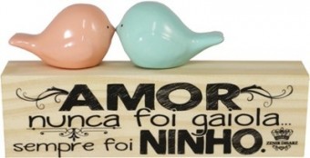 P17805 MADEIRINHA CRU COM 2 PÁSSAROS AMOR NUNCA FOI...8X16
