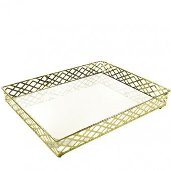 CG-009-081 BANDEJA METAL DOURADA SQUARES ESPELHADA 31X24.5X05 CM