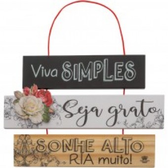 P18830 MÓBILE DE PAREDE FRASES COM APLIQUE VIVA SIMPLES SEJA GRATO...FLORAL CINZA 21X29,5