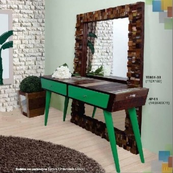 AP-11 APARADOR MADEIRA DEMOLIÇÃO COM 2 GAVETAS E PÉS INCLINADOS  PINTURA LAKA VERDE