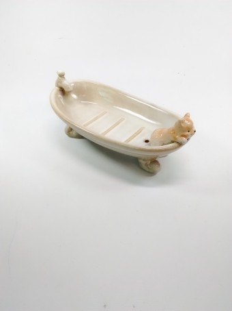 Saboneteira Banheira Gato Porcelana