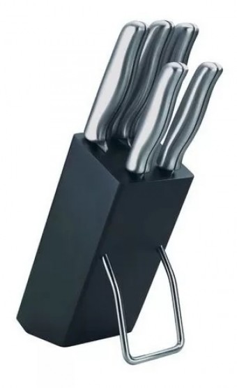 13029 Jogo de 5 facas em aco inox com cabo sanduiche e cepo de madeira