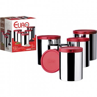 IN0375-VM PORTA MANTIMENTOS INOX 5 PC. COM TAMPA VERMELHA