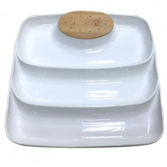 22987 Jogo de petisqueira em porcelana com 3 div e suporte em bambu