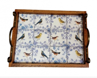 3096PML-103 BANDEJA DE AZ. C. PÉ - PASSAROS ARABESCO 51,5 X 36 cm