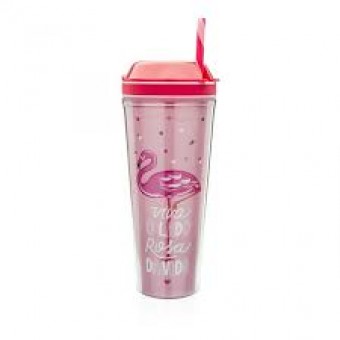 LY1956 COPO COM CANUDO E POTE FLAMINGOS