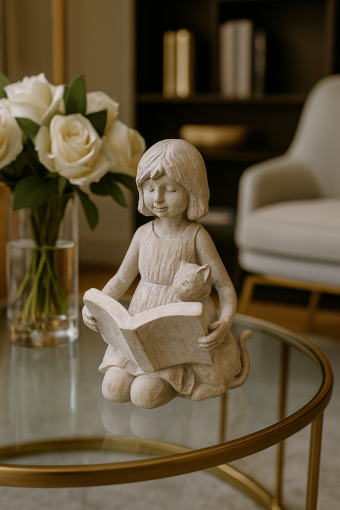 23631 ESCULTURA EM PO DE PEDRA MENINA, GATO E LIVR - 090