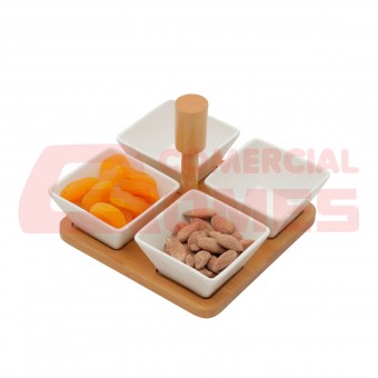 35503 CJ 5 PCS 4 PETISQUEIRAS DE PORCELANA QUADRADAS E 1 SUPORTE DE BAMBOO 15X15X11,6cm