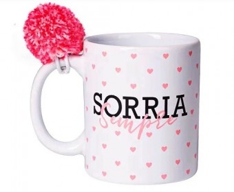 34817 CANECA CILINDRICA 330ML COM POMPOM - LOVE CANECAS SORRIA SEMPRE