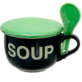 52-027 caneca ceramica sopa pt/verde c/ colher 470 ml