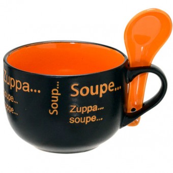 52-021 CANECA CERAMICA SOPA PT/LARANJA COLHER 470 ML