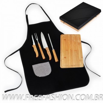 Me-04823 kit para churrasco em bambu / inox com avental - 6 pcs