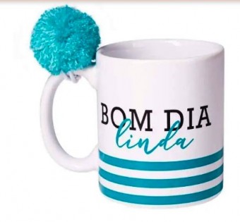 34818 caneca cilindrica 330ml com pompom - love canecas bom dia linda