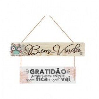 P17845 MÓBILE DE PAREDE CRU COM APLIQUE BEM-VINDO...GRATIDÃO 13X26,5