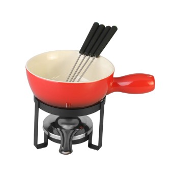 6873 APARELHO DE FONDUE 8PC P/QUEIJO DE FERRO C/PINTURA EPOXY E CERAMICA VERMELHO