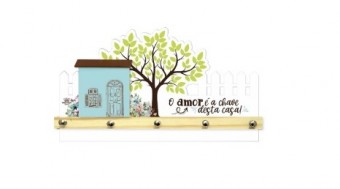 P19668 PORTA-CHAVE COM APLIQUE O AMOR  CHAVE DESTA CASA 18X34