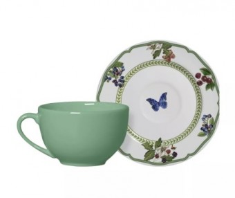 1079-104 cj. 6 xicars de cha verde agua c/pires fruits 1o classific.