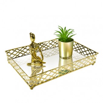 CG-009-080 BANDEJA METAL DOURADA SQUARES ESPELHADA 27X19X05 CM